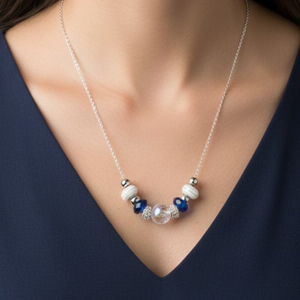 Pretty Handmade Jewelry Blue & White Silver Tone Euro Beads & Chain Necklace